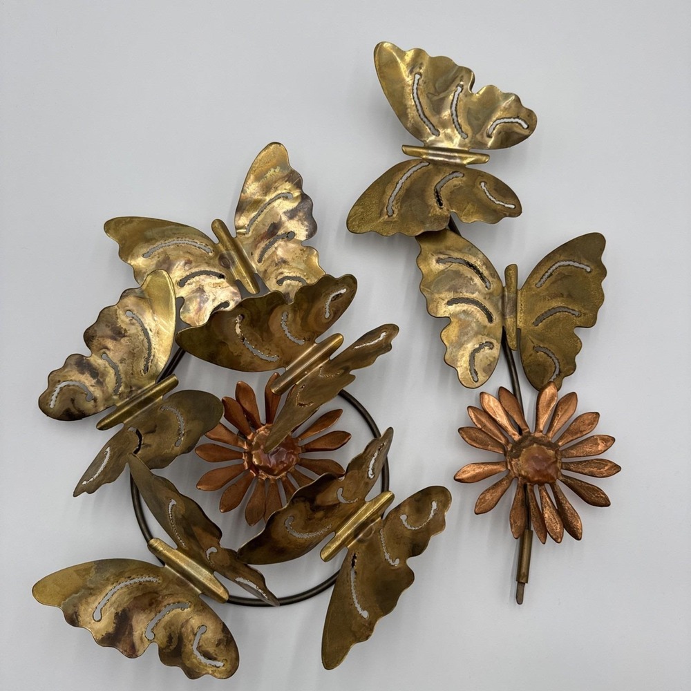 VTG Brass Copper Butterfly Daisy 2 Pc. Wall Art Mid-Century Modern Cottage Core